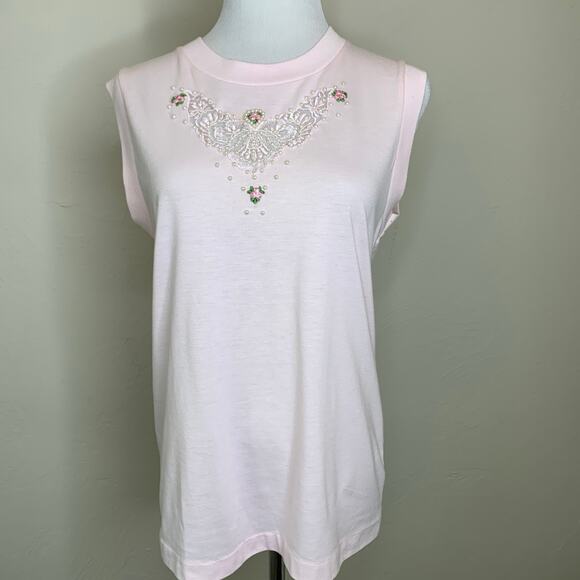 80s Pink Sleeveless Top Lace Pearl Applique Sz Medium - Picture 1 of 7